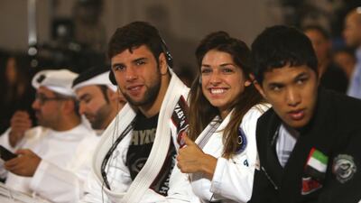 From left: Nasser Omar al Braiki (UAE), Mackenzie Dern (USA) and Marcus Almeida (Brazil) during a press conference to announce the Abu Dhabi World Professional Jiu-Jitsu Championships Tuesday at Park Rotana Hotel in Abu Dhabi. Ravindranath K / The National