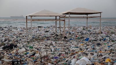 Two tents sit in piles of garbage covering the shore days after an extended storm battered the Mediterranean country at the Zouq Mosbeh coastal town north of Beirut. Hussein Malla / AP
