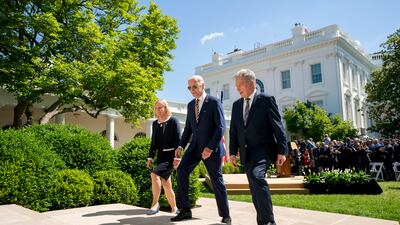 US President Joe Biden, Swedish Prime Minister Magdalena Andersson and Finnish President Sauli Niinisto walk through the White House rose garden after discussing the war, as well as potential Nato membership, in Washington. AP