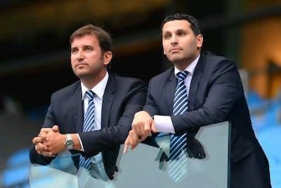 Chief executive Ferran Soriano and chairman Khaldoon Al Mubarak look on at Etihad Stadium. Shaun Botterill / Getty Images