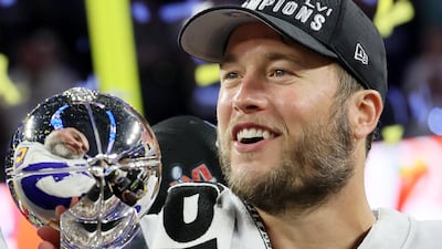 Los Angeles Rams' Matthew Stafford celebrates with the Vince Lombardi Trophy. Reuters