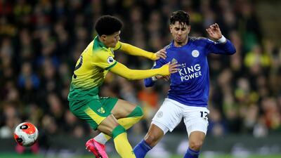 Leicester's Ayoze Perez, right, and Jamal Lewis of Norwich. Reuters