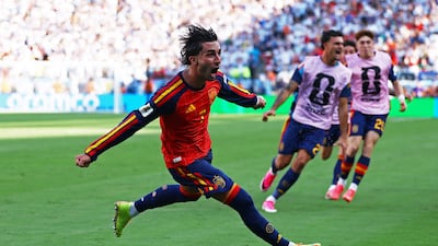 Spain's Ferran Torres celebrates scoring to make it 1-0 against Argentina in the World Cup final. Reuters