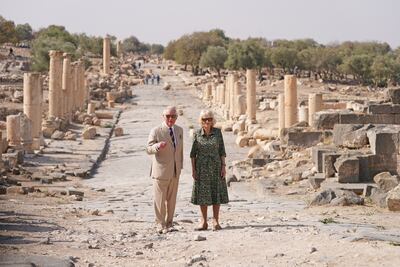 Prince Charles and Camilla, Duchess of Cornwall, visit Umm Qais in 2021. Getty