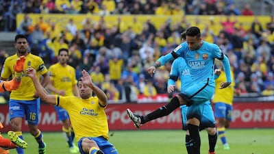 Barcelona’s Neymar, right, scored and re-established the visitors’ advantage before half time against Las Palmas on the Canary Islands on Saturday. Denis Doyle / Getty Images