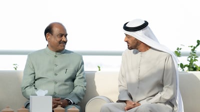 Sheikh Mohamed bin Zayed, Crown Prince of Abu Dhabi and Deputy Supreme Commander of the Armed Forces, with Om Birla, the Speaker of Lok Sabha, the lower house of the Indian Parliament. Hamad Al Kaabi / Ministry of Presidential Affairs