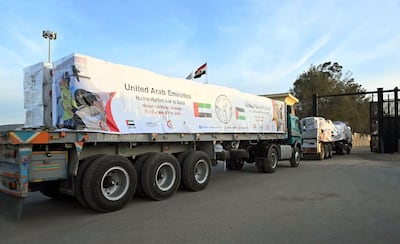 Three convoys carrying humanitarian aid from the UAE cross into Gaza via the Rafah crossing. Photo: Wam