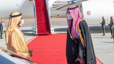 Crown Prince of Saudi Arabia, Mohammed bin Salman greets Sheikh Mohammed bin Rashid, the UAE Vice President and Ruler of Dubai upon arrival in Al Ula. SPA