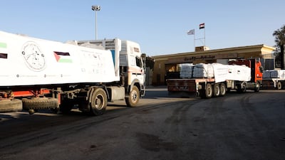 The aid convoy, carrying 195 tonnes of shelter supplies, enters Gaza on Sunday. Photo: Wam