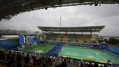 Water turns green in the diving pool of the Aquatics Centre in Rio. REUTERS/Kai Pfaffenbach