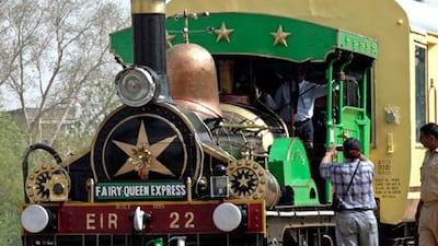 The Fairy Queen, the world's oldest working steam locomotive, at a station in the desert Indian state of Rajasthan. The locomotive was built in 1855 by the British firm Kitson, Thompson and Hewitson for the East Indian Railway.