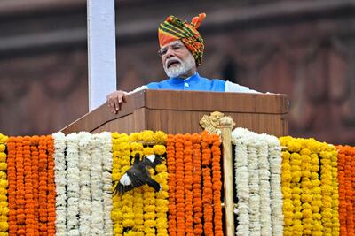 India's Prime Minister Narendra Modi addresses the nation from the ramparts of the Red Fort, to mark the country's Independence Day in New Delhi on August 15. AFP