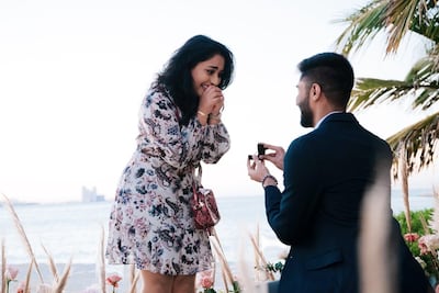 Naomi DSouza got engaged to her partner, Jacob Thomas, at Jumeirah Al Naseem, with a Burj Al Arab backdrop. Courtesy Naomi DSouza