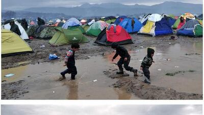 (COMBO) Top pictures shows migrant playing at the makeshift refugee camp near Idomeni, on the Greek-Macedonian border n March 9, 2016. The picture below, taken August 23, 2016, shows the camp site transformed into a cornfield. Sakis Mitrolidis / AFP