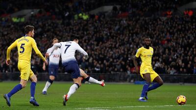 Son Heung-min scores Tottenhan's third goal against Chelsea. Reuters