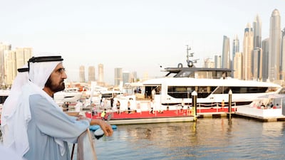 Sheikh Mohammed bin Rashid, Vice President and Ruler of Dubai, at the Dubai International Boat Show. Photo: Dubai Media Office