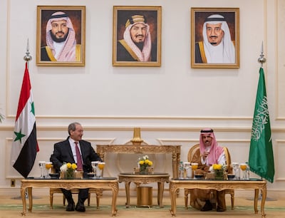 Saudi Foreign Minister Prince Faisal bin Farhan meets his Syrian counterpart Faisal Mekdad in Jeddah on Wednesday. Saudi Press Agency