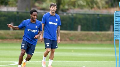 Raheem Sterling during Chelsea's training session in Cobham. Getty