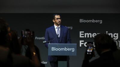 Dr Sultan Ahmed Al Jaber, UAE Minister of State and group chief executive of Abu Dhabi National Oil Co. delivers a speech during the Emerging + Frontier Forum 2019 at Bloomberg's European headquarters in London. Bloomberg