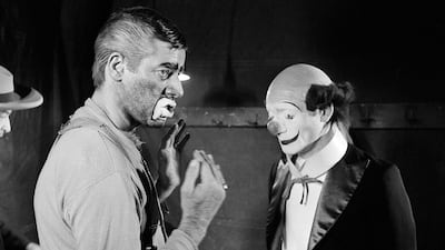 Jerry Lewis. left, talks to Pierre Etaix during the filming of The Day the Clown Cried in 1972. AFP