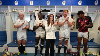 Catherine congratulates the England team on their Rugby World Cup quarter final victory over Fiji at Marseille's Stade Velodrome in France, in October 2023