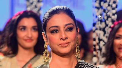 Bollywood actress Tabu presents a creation by designer Gaurang during Lakme Fashion Week in Mumbai on February 14, 2020. AFP