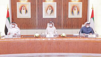Sheikh Mohammed bin Rashid, Prime Minister and Ruler of Dubai; Sheikh Saif bin Zayed, Deputy Prime Minister and Minister of Interior, and Mohammed Al Gergawi, Minister of Cabinet Affairs, attend a UAE Cabinet meeting on Monday. Courtesy: Sheikh Mohammed bin Rashid Twitter