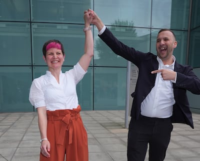 Zoe Garbett celebrates with Green Party leader Zack Polanski. PA