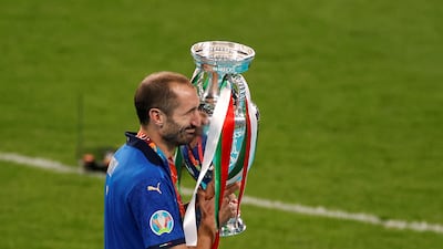 Giorgio Chiellini celebrates with the trophy after winning Euro 2020. Reuters