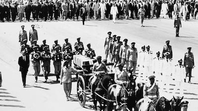 The coffin containing the body of assassinated Egyptian president Anwar Sadat, traveling on a gun-carriage, is followed by heads of state to its resting place, Cairo, Egypt, October 9, 1981. Getty Images