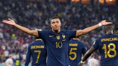 Kylian Mbappe celebrates scoring for France against Denmark during the 2022 World Cup in Qatar. AP