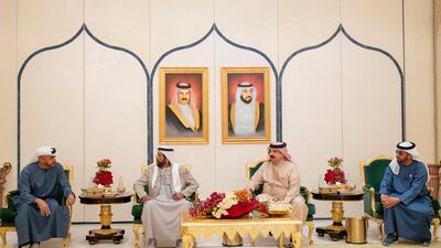 King Hamad of Bahrain receives Sheikh Mohamed bin Zayed, Sheikh Hamdan bin Zayed, Ruler’s Representative in Al Dhafra Region, and Sheikh Tahnoon bin Mohamed, Ruler's Representative in Al Ain Region, at his residence in Abu Dhabi on Monday. Mohamed Al Hammadi / Ministry of Presidential Affairs