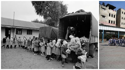 A combination picture shows Palestinian school girls waiting in line to collect UNRWA prepared food parcels during the first intifada in the Gaza Strip in this handout picture believed to be taken in 1988 and Palestinian school girls waiting in line to collect snacks in a UNRWA-run school in the Gaza Strip, September 2, 2019. REUTERS