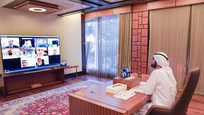 Sheikh Mohammed bin Rashid, Vice President and Ruler of Dubai, holds a video conference with Sheikh Abdullah bin Zayed, Minister of Foreign Affairs and International Co-operation, and diplomats. Courtesy Sheikh Mohammed bin Rashid Twitter