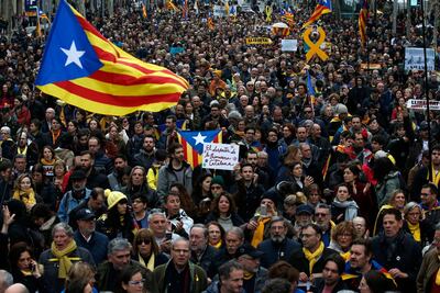 Pro independence demonstrators march during a protest in support of Catalonian politicians who have been jailed on charges of sedition in Barcelona, Spain. Manu Fernandez/ AP Photo