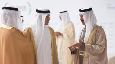 Sheikh Abdullah bin Zayed, the Minister of Foreign Affairs, second left, and Ahmed Juma Al Zaabi, the Deputy Minister of Presidential Affairs, right, were also in attendance at the opening of the World Future Energy Summit. Ryan Carter / Crown Prince Court - Abu Dhabi