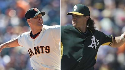 Tim Hudson and Barry Zito combined to pitch 13 seasons with the Oakland A's and later 9 with the cross-bay San Francisco Giants. (Jason O Watson / Getty Images / AFP and Ben Margot / AP)