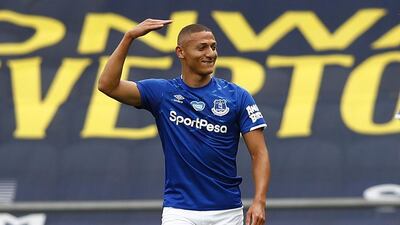 Richarlison of Everton celebrates after scoring during the Premier League match against Leicester City on July 1. EPA