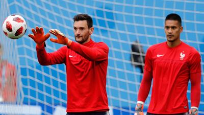 France goalkeeper Hugo Lloris, left, in training, is aware he and his teammates will need to be at their best to beat Belgium. AP Photo