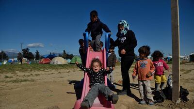 Children play at the makeshift camp near the Greek village of Idomeni on the Greek-Macedonian border. With thousands of people camped out on the Greek side of the border in squalid conditions, Greece and Macedonia have traded increasingly undiplomatic protests, with Greece accusing non-EU Macedonia of unacceptable tactics in its use of tear gas on protesting migrants and Macedonia accusing Greece of inaction. Daniel Mihailescu / AFP