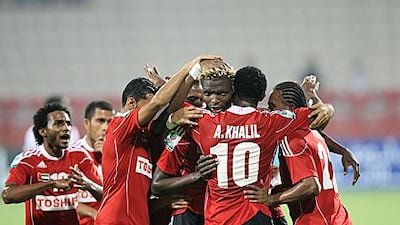Aristide Bance, centre, the Burkino Faso forward, returns to the Al Ahli starting XI for tonight’s match at home to Sharjah after serving a three-game ban for insulting an Al Jazira defender last month.