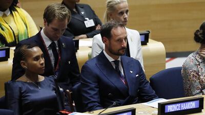 Queen Masenate Mohato Seeiso, left, of Lesotho and Crown Prince Haakon of Norway on the floor of the Trusteeship Council during the 73rd session of the General Assembly of the United Nations at United Nations Headquarters in New York. EPA