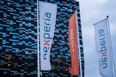 Nexperia flags outside their headquarters in Nijmegen, Netherlands. Getty Images