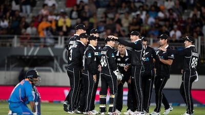 NZ Black Caps celebrate the wicket of India's Yuzvendra Chahal. AP