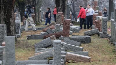 More than 170 Jewish headstones were toppled at the Chesed Shel Emeth cemetery in University City, a suburb of St Louis, Missouri, US on February 18 and 19, 2017. Tom Gannam/Reuters