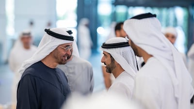 UAE President Sheikh Mohamed speaks with Sheikh Hamdan during the inauguration of the Etihad Rail station in Dubai. Photo: Abu Dhabi Media Office