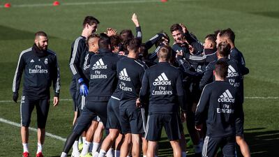 Real Madrid players take part in a training session ahead of their La Liga clash with Eibar on Saturday. EPA