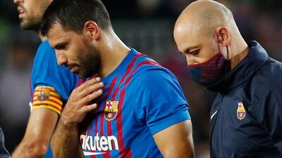 Barcelona's Sergio Aguero leaves the pitch just before half time. Reuters