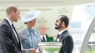 Sheikh Mohammed bin Rashid speaks with Prince William, Duke of Cambridge; and Catherine, Duchess of Cambridge.