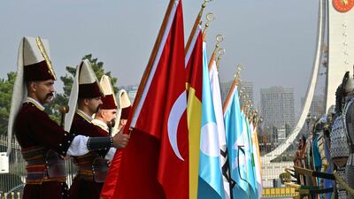 Guards of honour at the presidential palace before the Pope's meeting with Turkey's President Recep Tayyip Erdogan. AFP